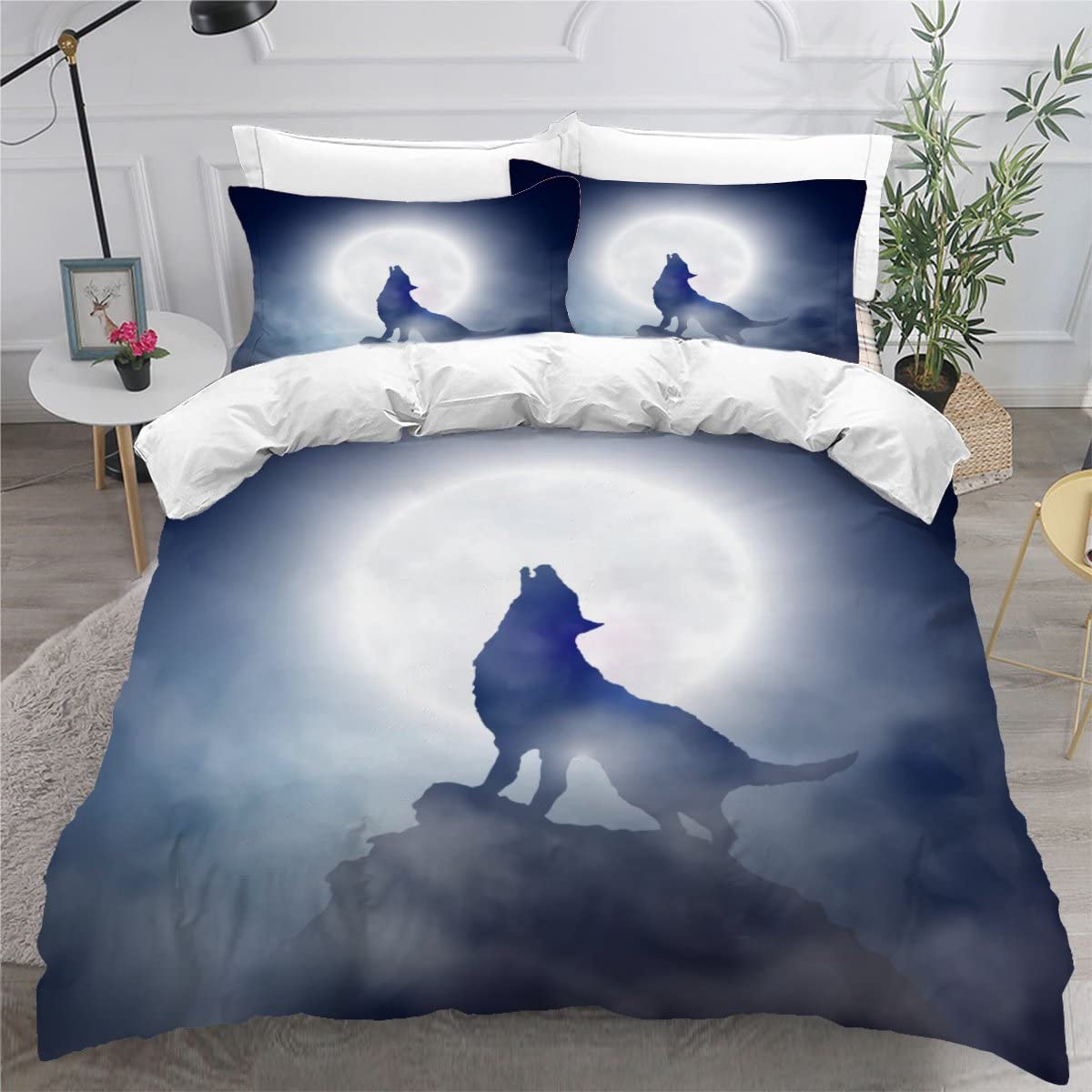 Housse de couette loup 200x200 pour un lit 2 personnes au décor de nuit lunaire