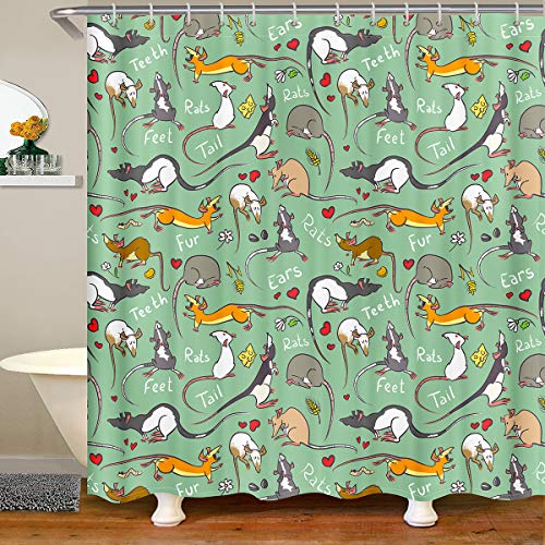 TDTRADD Ratten-Badevorhang für Kinder, Motiv: Maus & Nagetiere, lustiges Tiermotiv, Herz-Vorhang-Sets für Jungen & Mädchen, Cartoon-Stil, Duschvorhänge für Badewannen, Blaugrün, 183 x 183 cm (B x