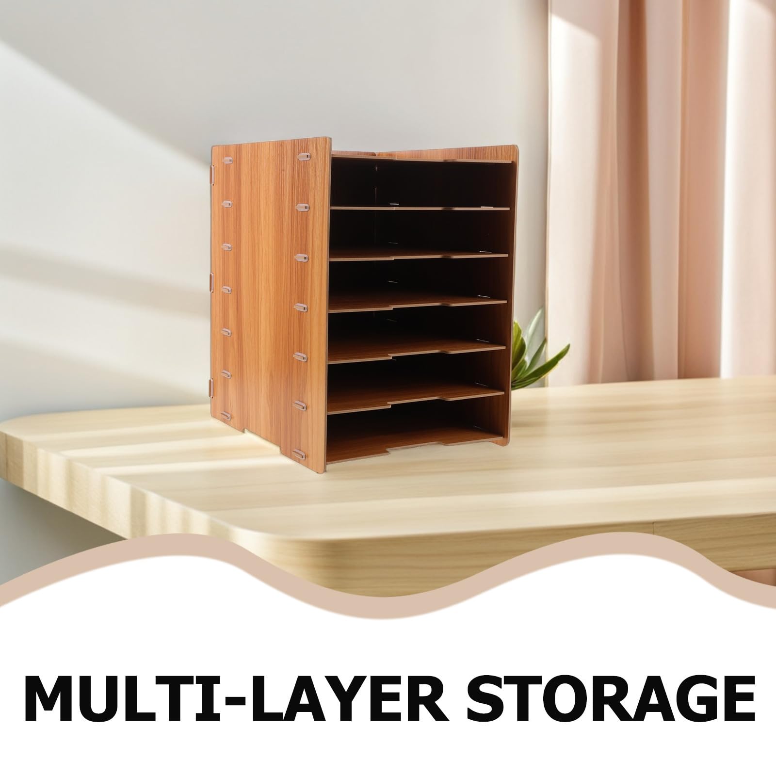 Portadocumenti da Scrivania in Legno a 7 Strati con Struttura Rinforzata e Visibilità Ottimizzata, Organizer Multi-livello per Ufficio e Casa con Design Naturale Estetico