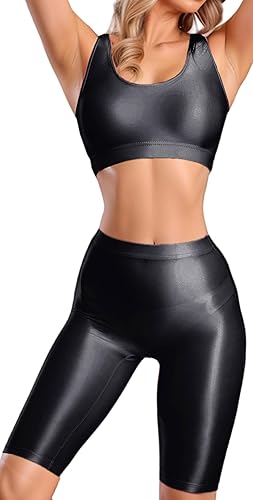 FEOYA Women's Two Piece Sheer Clothing Set See Through Shiny