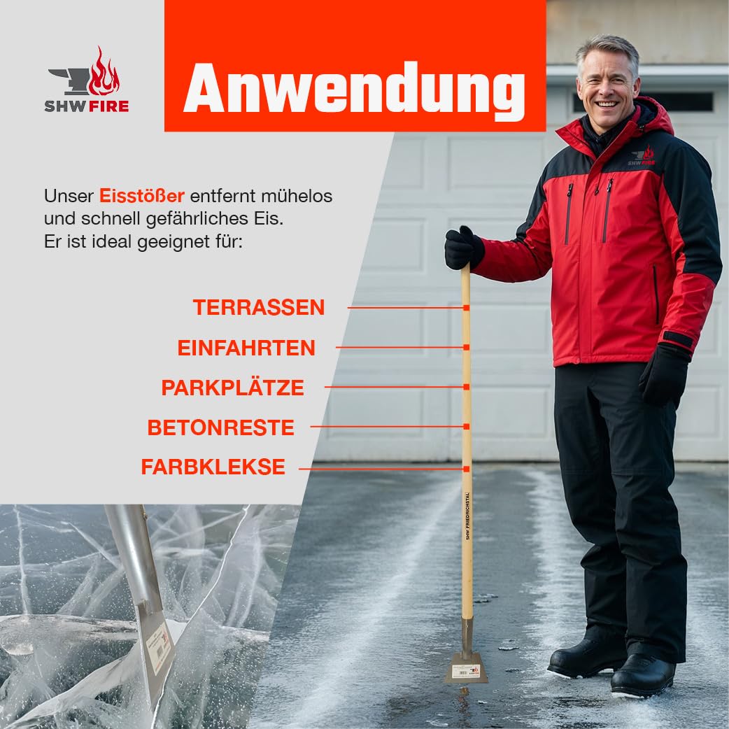 SHW-FIRE | Eisstößer aus Spezialstahl, robuster 130 cm Buchenholzstiel, ergonomisches Design, ideal zum Entfernen von Eis, Schnee & Rückständen auf Einfahrten & Terrassen | Made in Germany