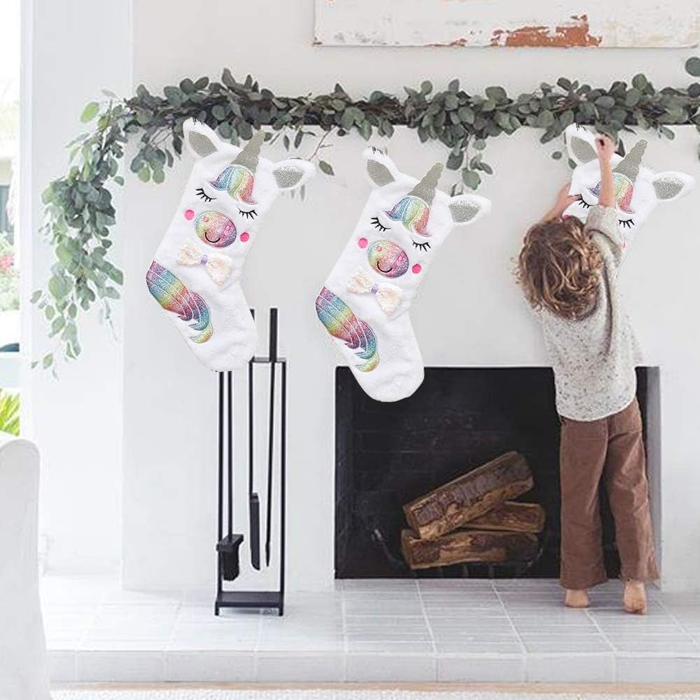 LANWANGJI Unicorn Christmas Stocking, Jumbo Pony Unicorn Sequins Stockings for Christmas Decorations, 17 Inch Sparkly Christmas Stockings
