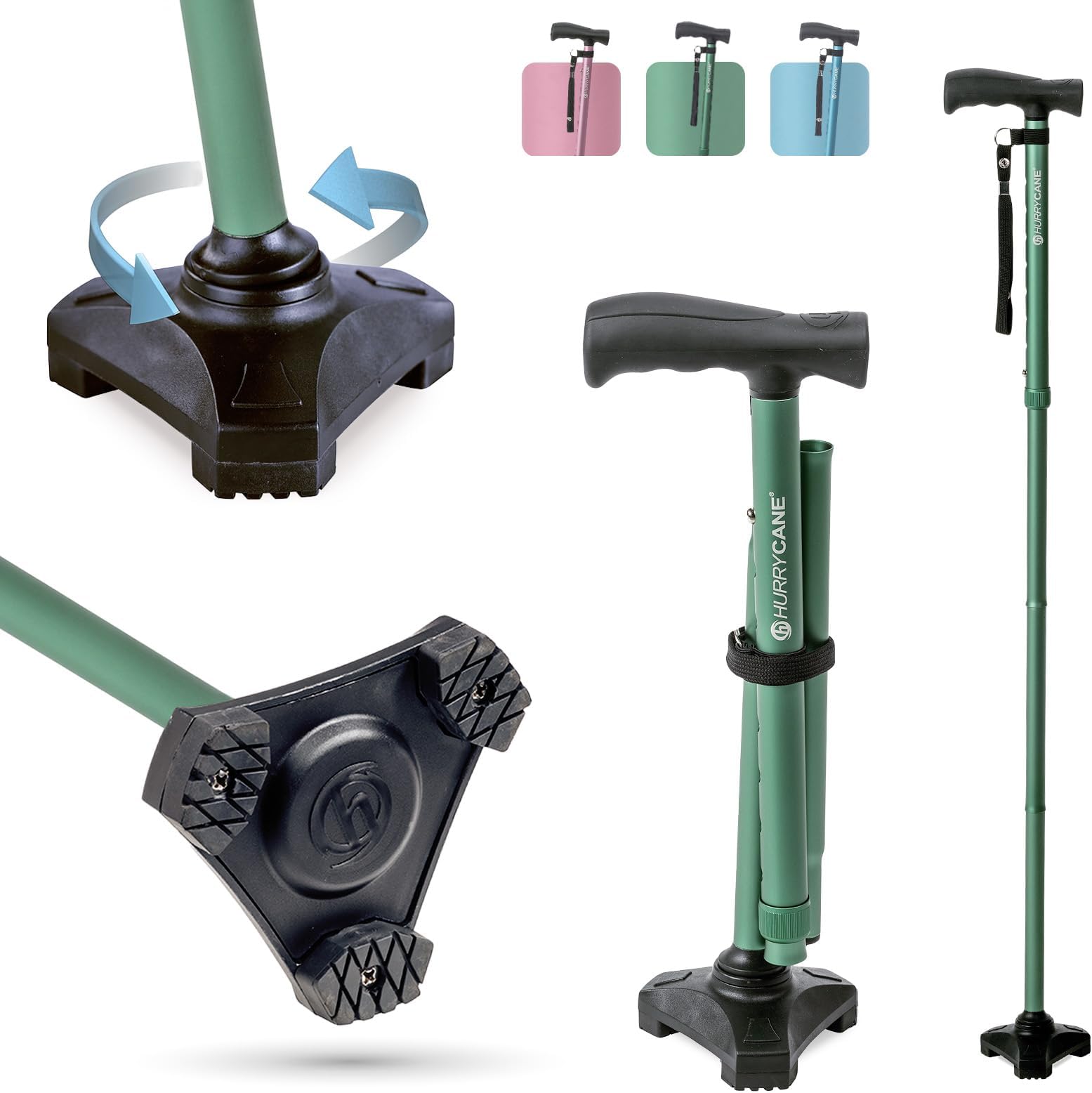 HurryCane HCANE-PG-C2 Freedom Edition Foldable Walking Cane with T Handle, Pastel Green