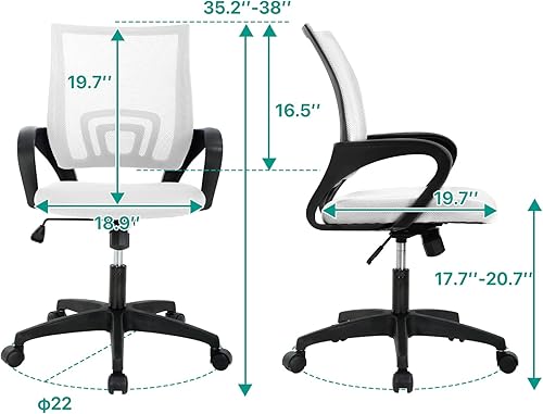 Miniatura 2 de HHS Silla de oficina ergonómica para el hogar, silla ejecutiva de malla, respaldo medio, silla de escritorio ajustable con soporte lumbar, silla