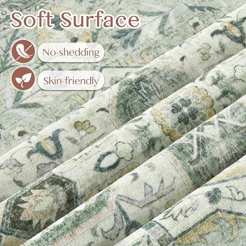 Tortania Area Rug Living Room Rugs - 7x9 Washable Boho Rug Vintage Oriental Distressed Farmhouse Large Thin Indoor Carpet for Living Room Bedroom Under Dining Table Home Office - Green