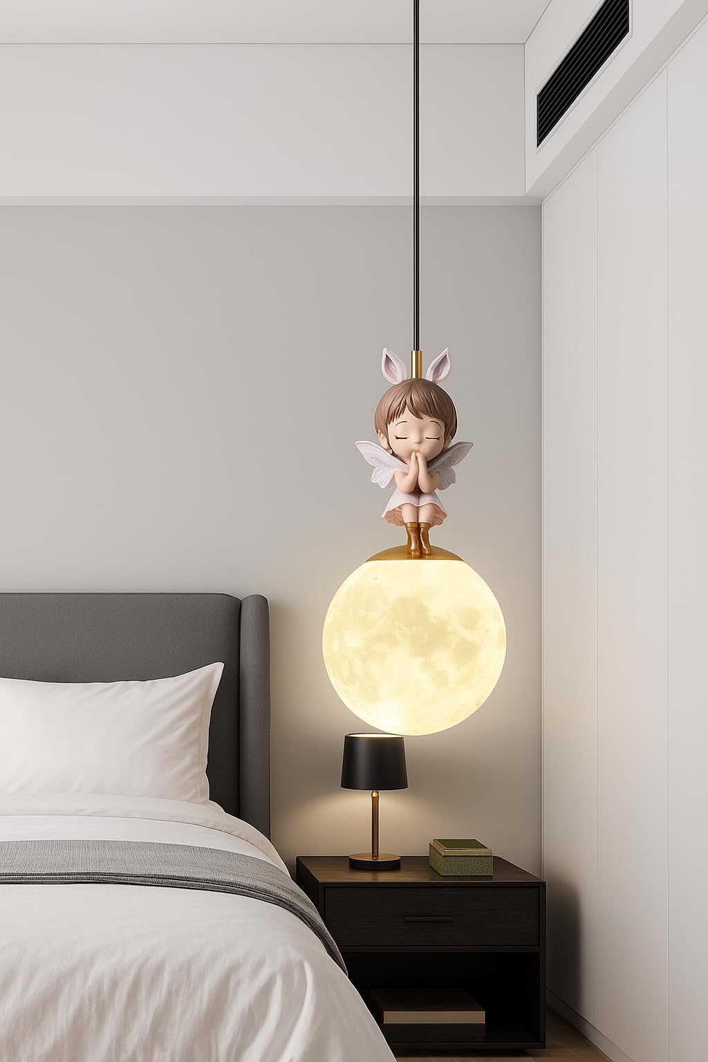 HDC Kids Fairy Moon Pendant Light for Children’s Bedroom & Nursery, Decorative Angel LED Hanging Ceiling Lamp with Soft Warm Glow, Cute Moon Globe Light for Baby Room, Kids Room & Play Area-image-4