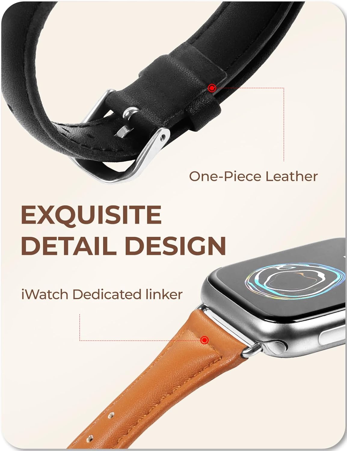 2-pack Slim Genuine Leather Bands Compatible with Apple Watch Band 45mm 44mm 42mm 41mm 40mm 38mm, Women Top Layer Leather Thin Strap for iWatch Series 10/9/8/7/6/5/4/3/2/1/SE