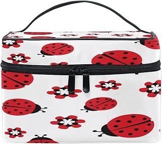 Travel Cosmetic Bag Cute Animal Red Ladybugs Flower Makeup Bag Large Organizer Portable Toiletry Bag Storage Train Case Zipper Brush Bag for Women and Girls
