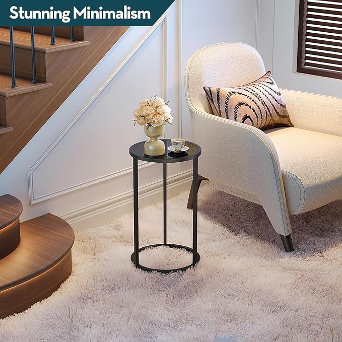 Image of Modern Round Side Table with Black Glass Top | Metal End Table for Living Room & Bedroom