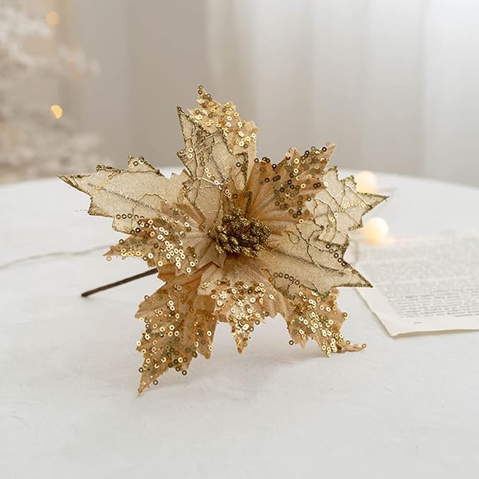 Ansho Pack of 6 Glitter Poinsettia Flower Large Artificial