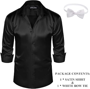 PJ PAUL JONES Men's Shiny Satin Dress Shirts Long Sleeve Button Down Silk Shirt with Bow Tie