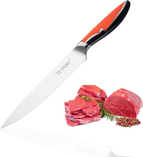 TJ POP Cuchillo para tallar carne, cuchillo de rebanar de 8 pulgadas, diseño de espiga completa, hoja de acero alemán HC, mango antideslizante de