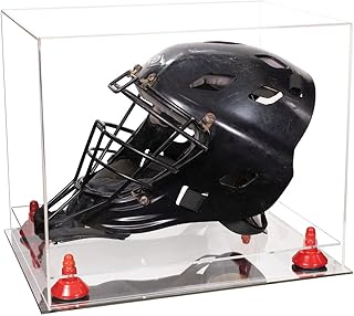 Better Display Cases Clear Acrylic Catchers Helmet Display Case with- Large Rectangle Box Clear Case Red Risers and Mirror Base 14.5