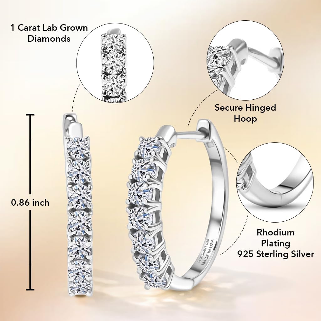 1 Carat Lab Grown Diamond Hoop Earrings for Women in 925 Sterling Silver with 18K Vermeil Yellow Gold/Rhodium Plated Jewelry Gifts (G-H Color SI Clarity) Prong Set