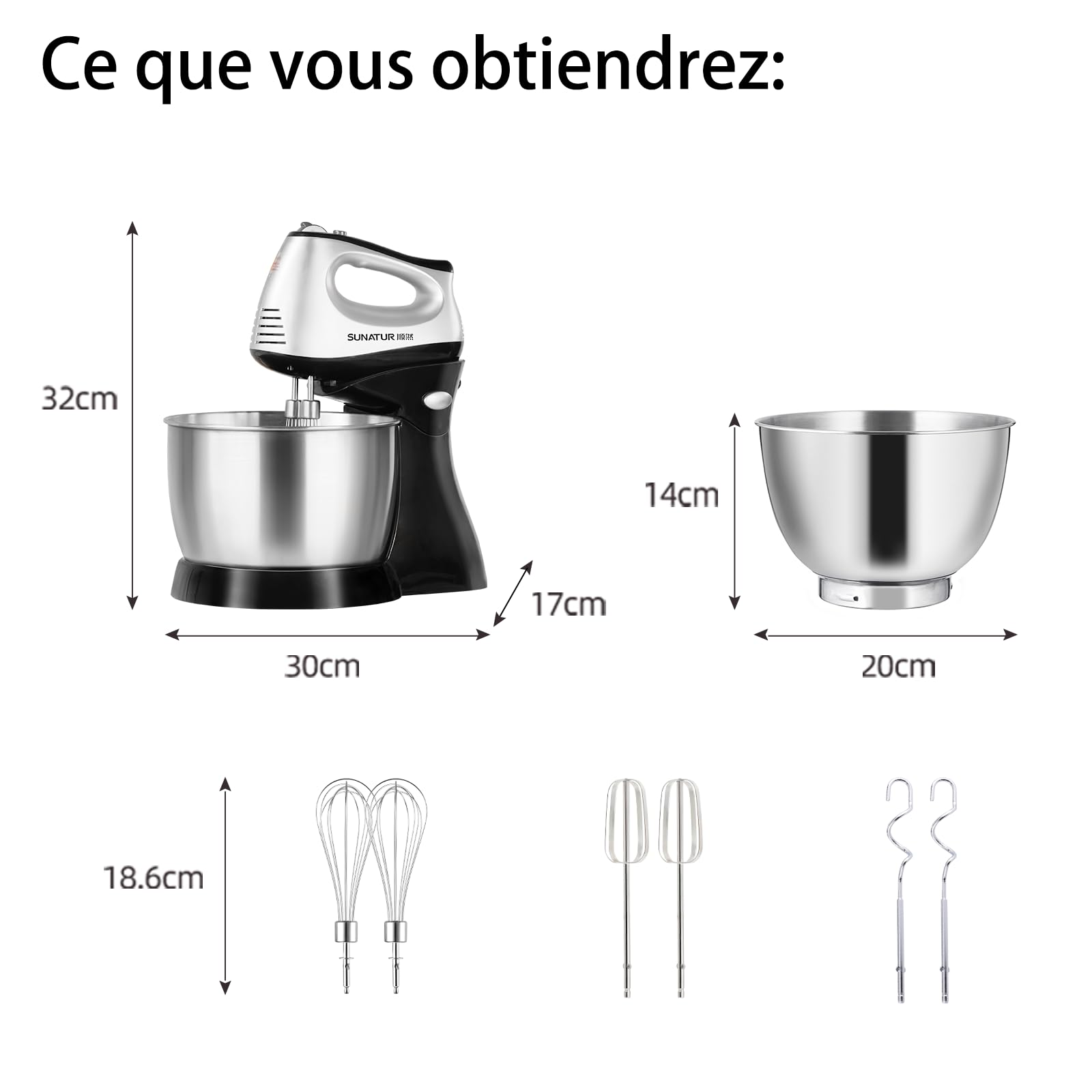2-in-1 electric mixer with stand; mixes quickly and efficiently; 300W power; 5 speed settings; 3.5-liter capacity; ideal for home use and hobbyists