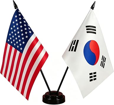 Zigvert US & South Korea Twin Flag Set - American & Korean Table Flag for Room Display
