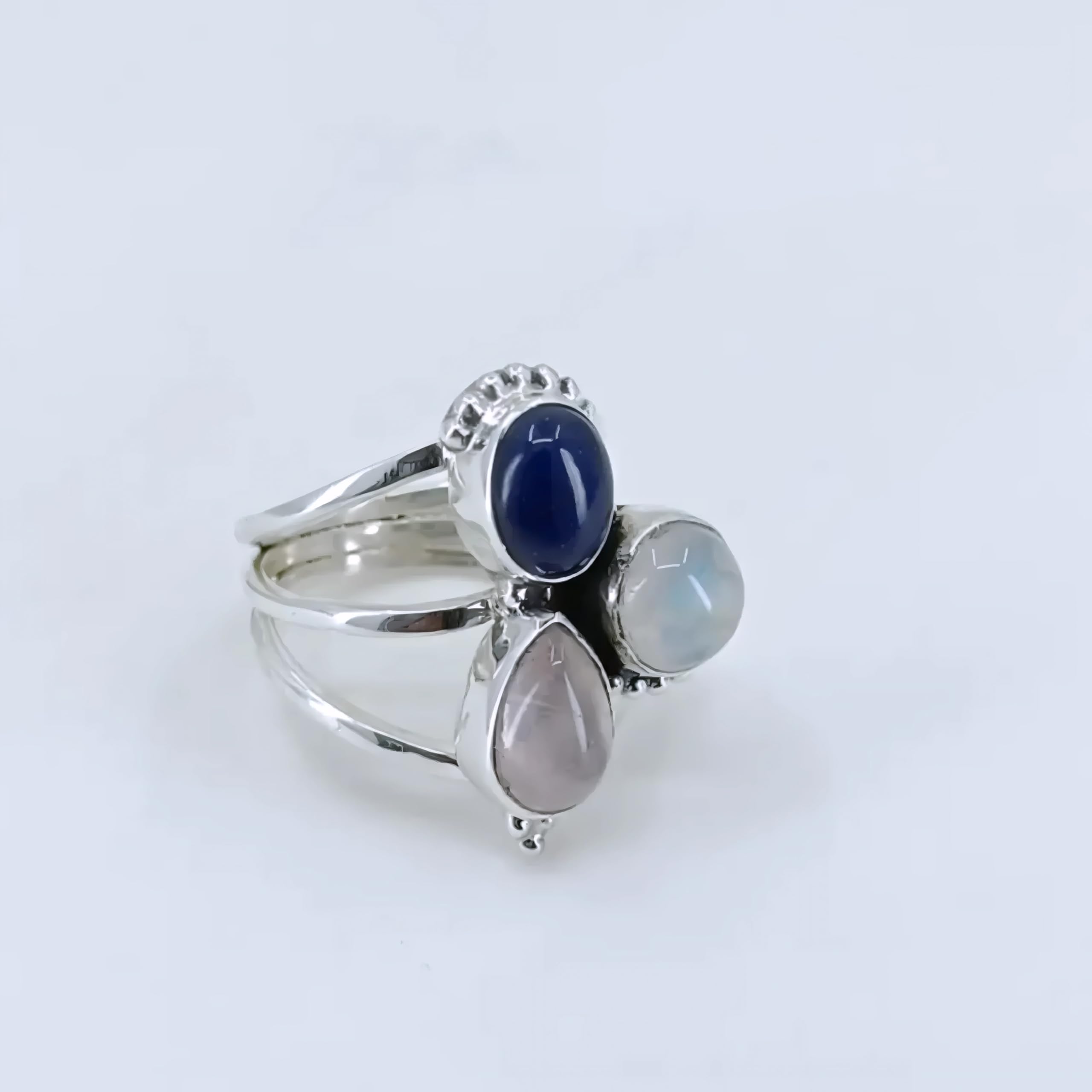Dreifach-Edelstein aus 925er Sterlingsilber (Lapislazuli, Regenbogenmondstein, Rosenquarz) Statement-Damenring 14 bis 22 DE