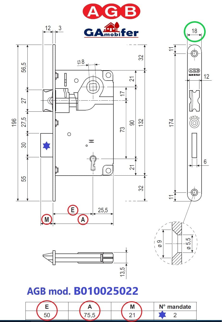 AGB - Center Series Internal Door Lock (Fr. 18x196, In. 90, En. 50, Qu. 8., KEY CHAIN, BRONZE PAINTED) - Image 3