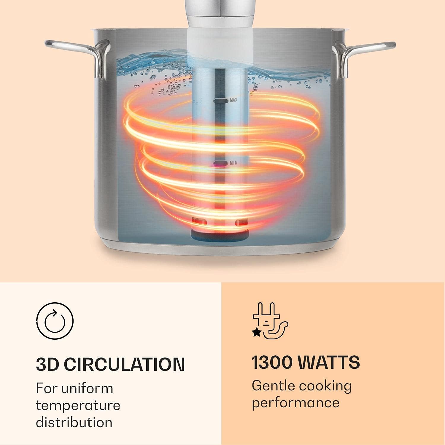 Klarstein Quickstick - Sous-Vide Garer, 3D Circulation, 1300 Watt, 50-95°C Temperatur, bis 20 Liter Füllvolumen, Touch-Display, silber
