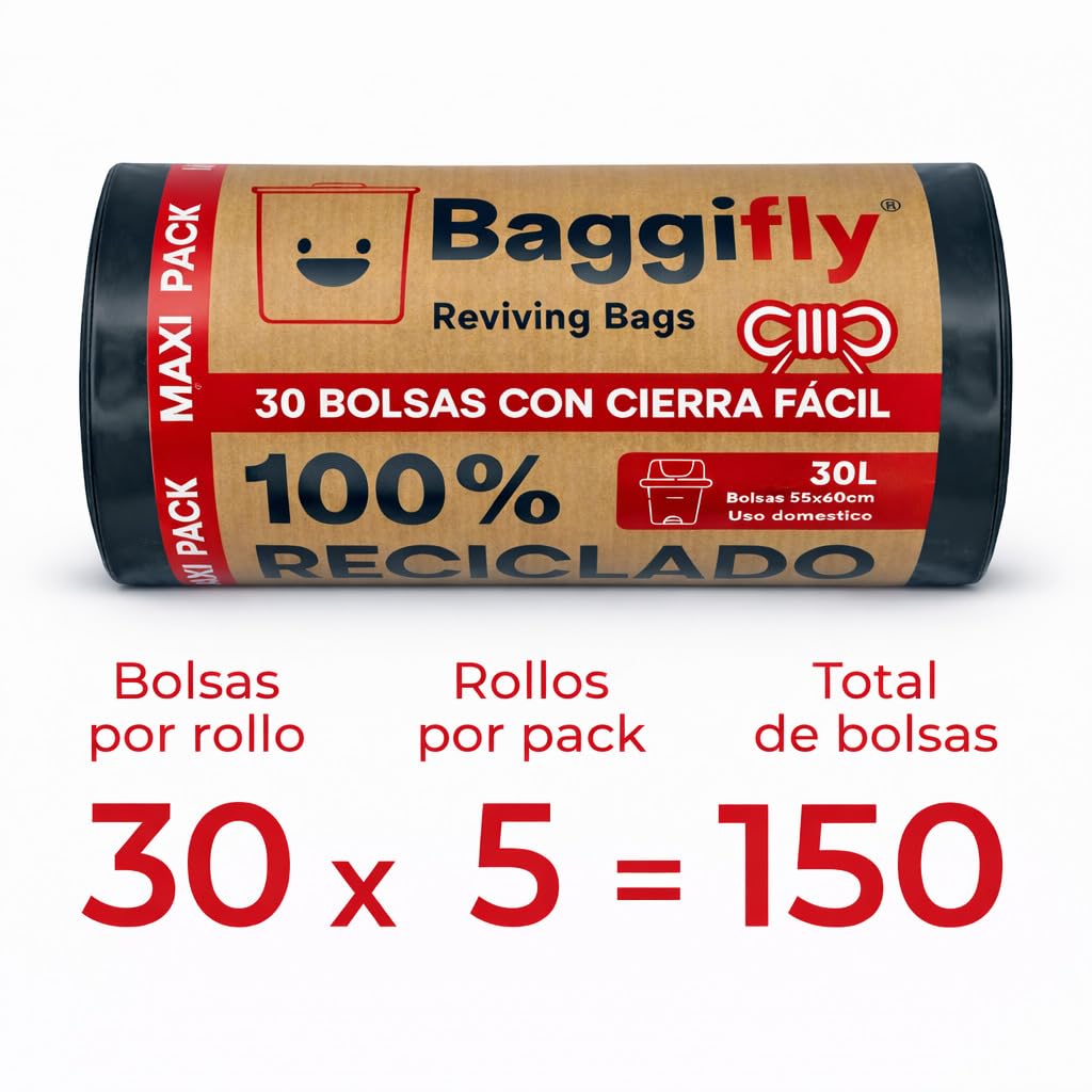 Baggifly, Bolsas de Basura 30L, 150 Bolsas Muy Resistentes, 100% Recicladas, Cierra Fácil, ECO Friendly, Uso Doméstico, Pack 5 x 30, Fabricado en España
