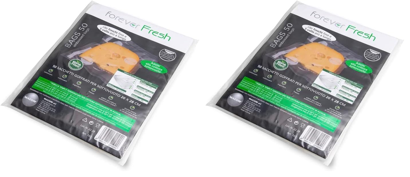 MACOM, Confezione 50 Sacchetti goffrati 20 x 28 cm per la conservazione Sottovuoto alimenti e cottura, Forever Fresh 702C, Bags 50 (Confezione da 2)