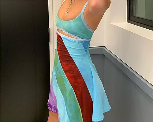 Miniatura 3 de Minivestido de retazos a rayas para mujer, Y2K, vintage, con tirantes delgados, ahuecado, acampanado, vestido de fiesta, ropa de calle