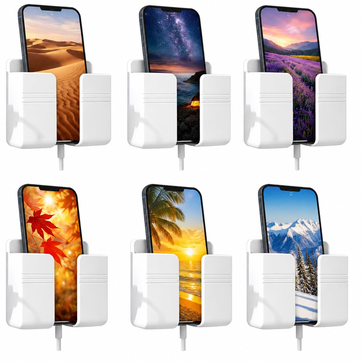 Wall Mount Mobile Holder with Charging Support & Dual Hooks | Pack of 4 Phone Stands for Bathroom, Kitchen, Bedroom | ABS Plastic (Pack of 6_White)-picture-33