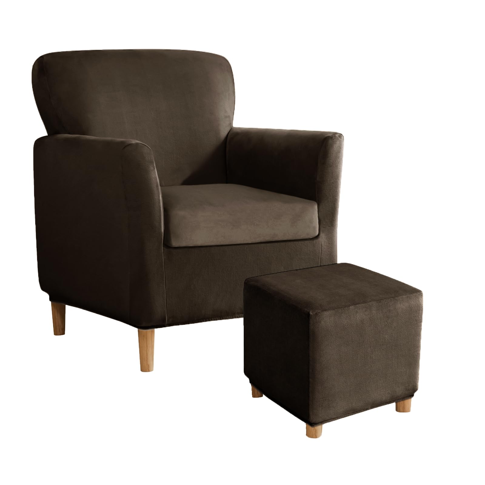 SYLC Stretch Velvet Armchair Sofa Covers with Ottoman Cover Rectangle/Square, Banquet Tub Chair Covers Footstool Slipcover Furniture Protector (Dark brown,Chair+Seat+Square S)