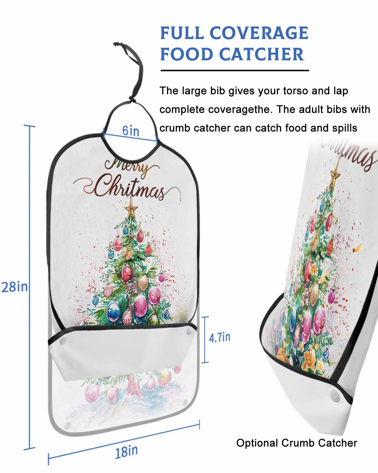 Merry Christmas Adult Bib for Adults Men, Women, Colorful Xmas Tree Watercolor White Washable & Adjustable Terry Cloth Bib with Crumb Catcher Reusable Waterproof Clothing Clothes Protector Apron