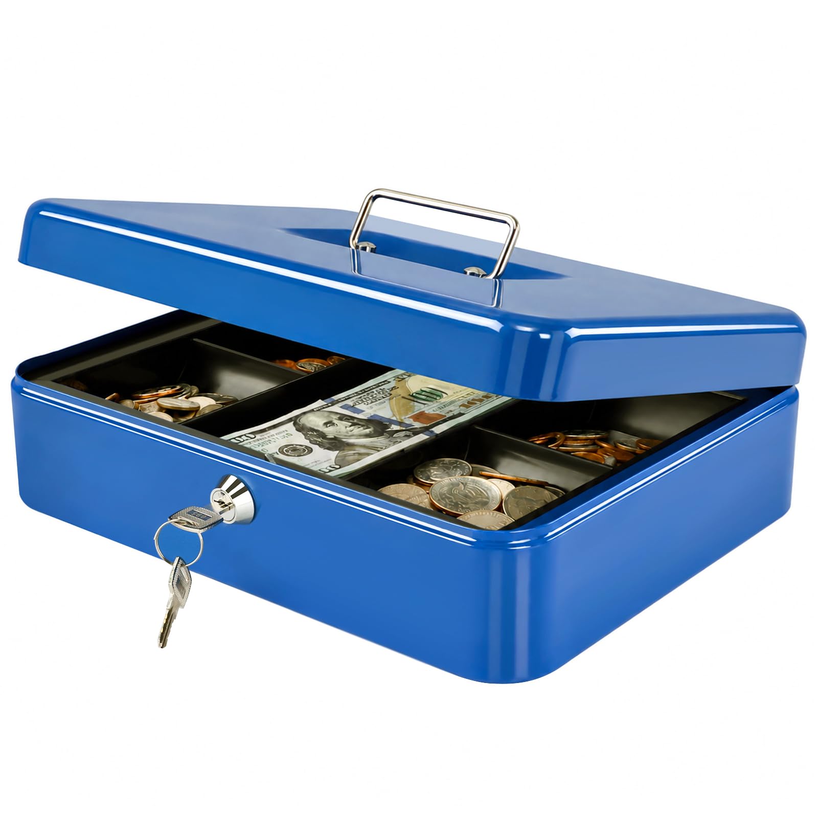 Jssmst Grande cassetta dei contanti con serratura a chiave, resistente cassa in metallo con vassoio di denaro, 30 x 25 x 8,8 cm (XL, blu)
