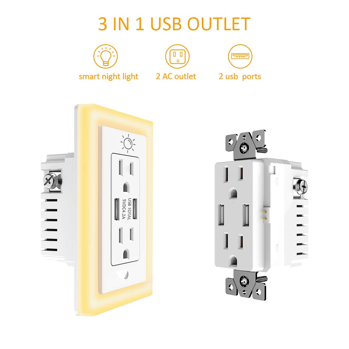 USB Wall Outlet, 15A Duplex Receptacle with Dual USB Ports (5V/4.2A) and Dusk-to-Dawn Sensor Night Light, ETL Certified, 6 Pack