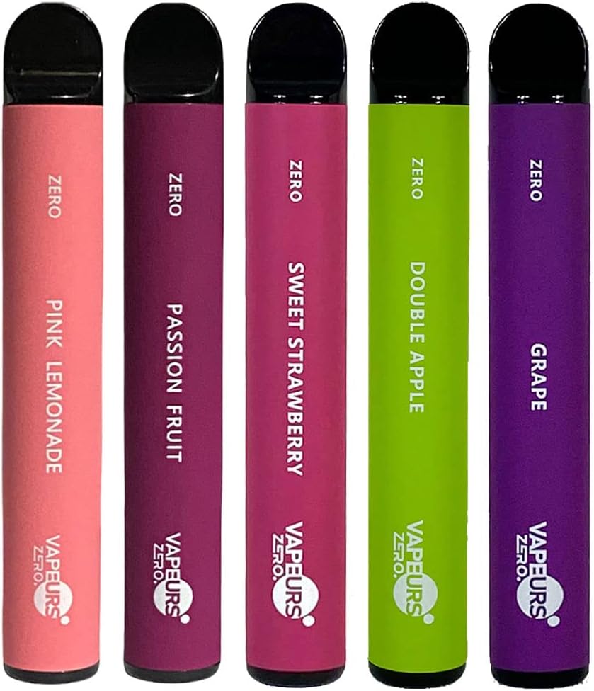 Vapeurs Zero Disposable Vape Pens, Puff Bar, E Cigarettes, E-Liquid No Nicotine 0mg 5 Pack of Flavours Pink Lemon, Passion Fruit, St Strawberry, Double Apple, Grape