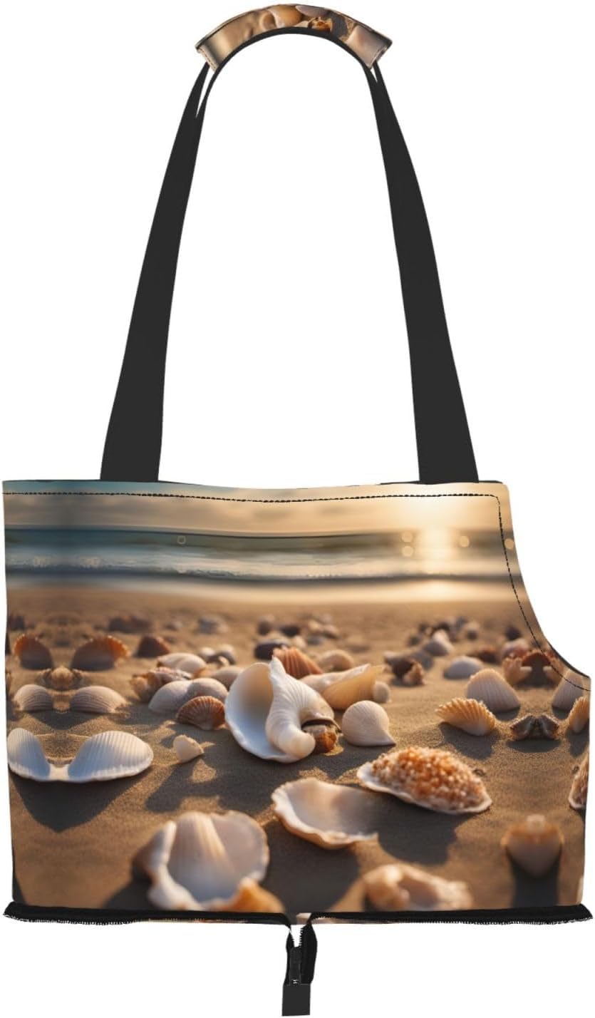 Seashell Landscape On The Beach Print Portable Foldable Shoulder Bag for Travel,with Collar Hook and Handle Pad,Cute Stylish Design