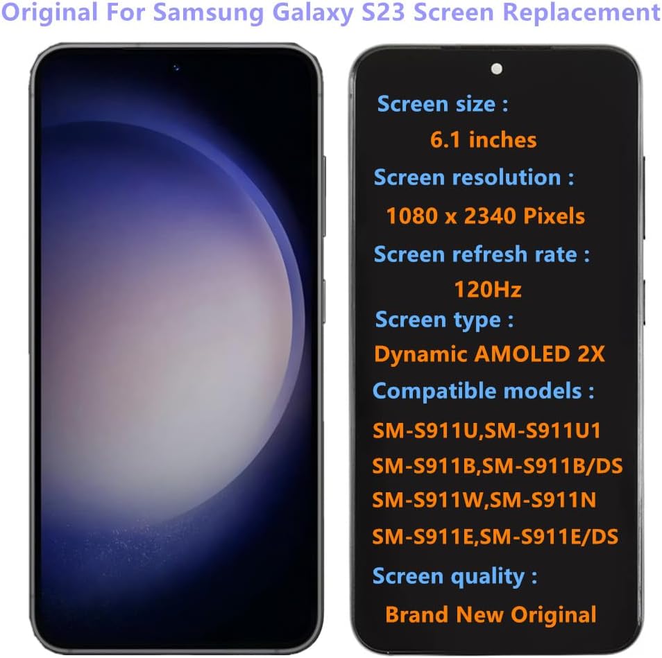 6.1" Original AMOLED Galaxy S23 Screen Replacement for Samsung Galaxy S23 5G S911U S911U1 Display Touch Screen Digitizer Assembly