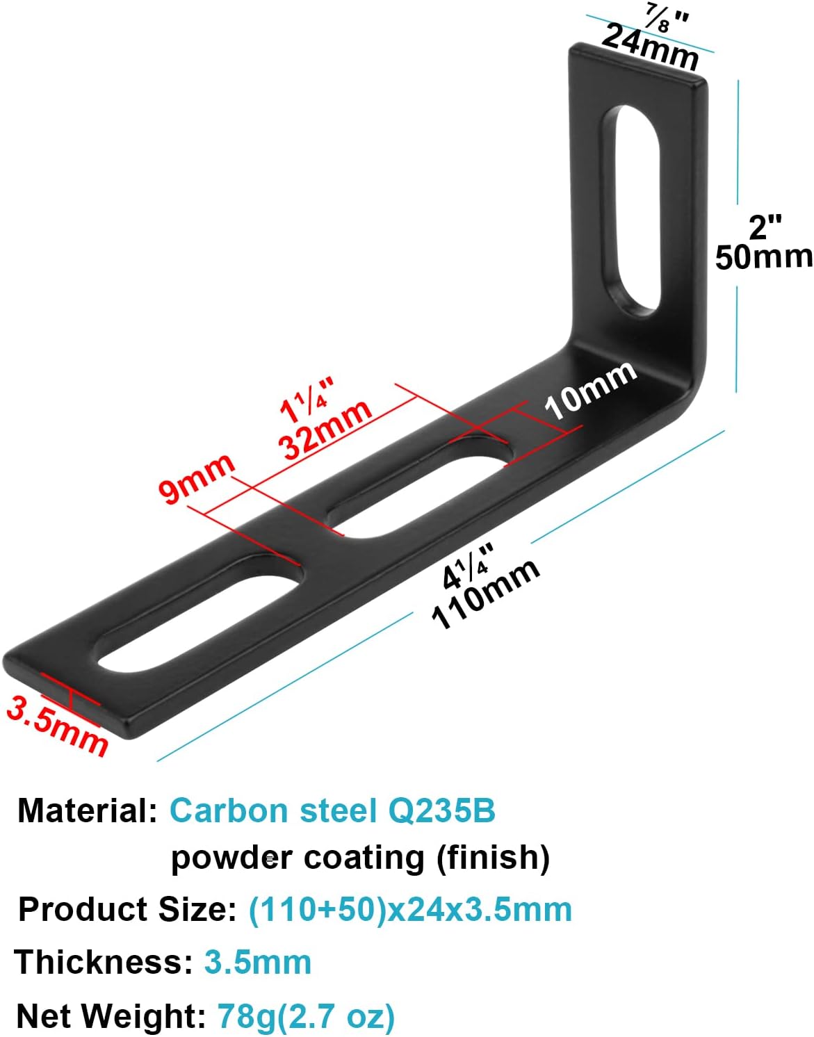 10 Pack 4-1/4" x 2" x 7/8" Black Slightly Adjustable L Bracket, Slotted Steel Right Angle Corner Braces, Slot for 3/8" Bolt