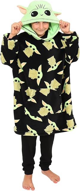 Star Wars Boys The Mandalorian Baby Yoda Boys Hoodie, Oversized Fleece Blanket Hoodie Black