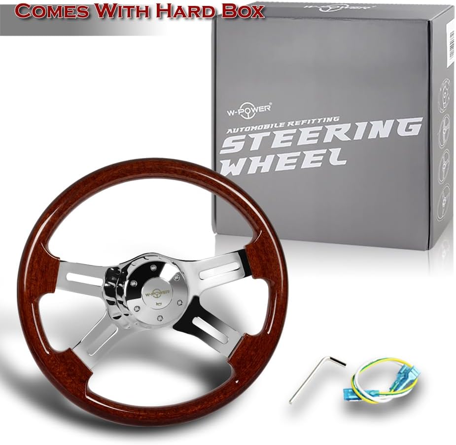 W-POWER Universal 16" 406MM 2" Deep Dish 5-Hole 4-Spoke Steering Wheel w/Horn Button, Car Mods Interior Accessories, Auto Replacement Parts Assembly (Chrome Center/Dark Wood Grip)