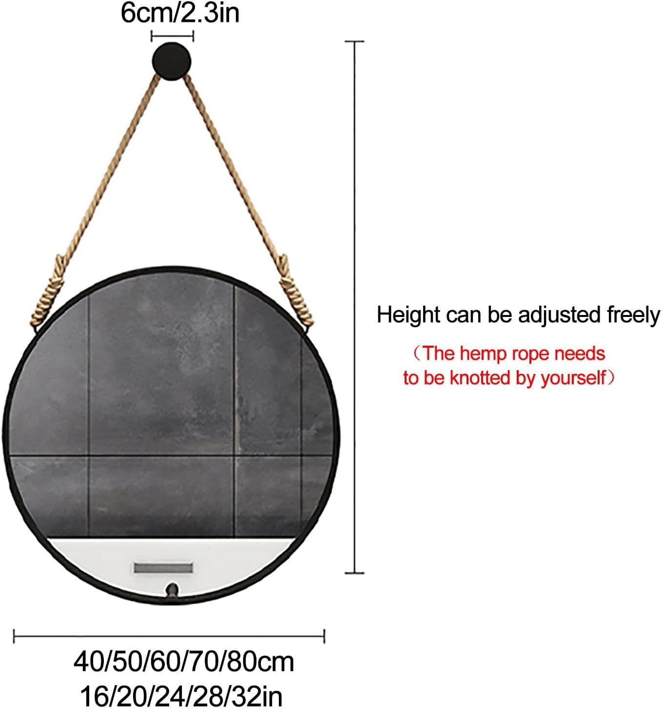 Okrągłe lustro, lustra łazienkowe, lustro linowe, lustro wiejskie, dekoracyjne metalowe lustro z wiszącą liną do łazienki sypialnia salon przedpokój, złoto, 60 cm/24 cale