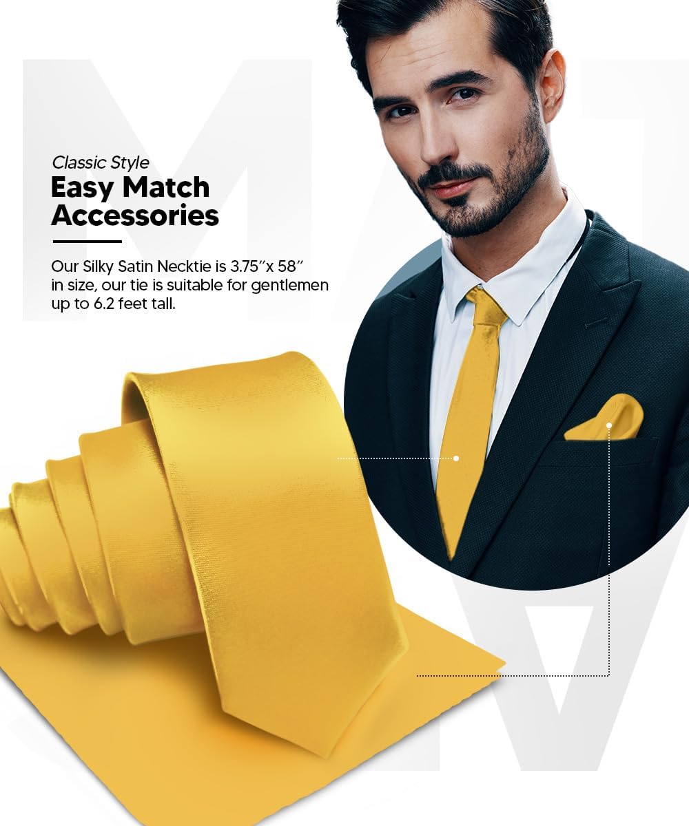 Premium Solid Satin Necktie & Pocket Square Set for Men - Matching Men's Tie Set