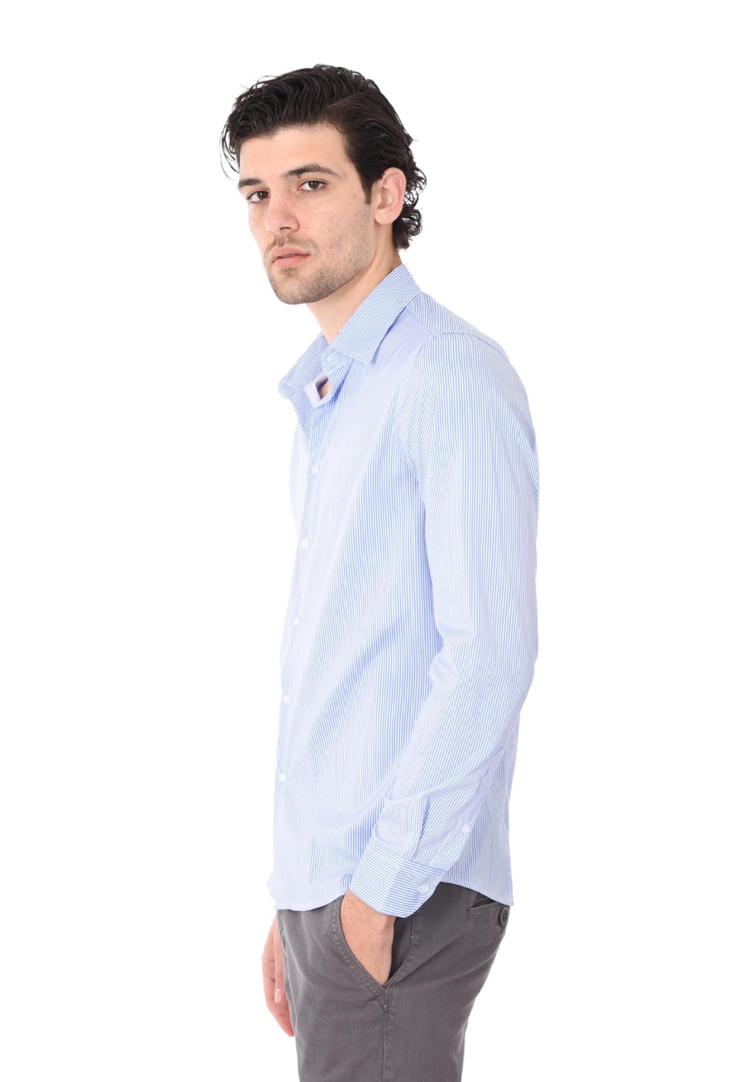 Camisa de hombre Slim Fit elegante 100% algodón estampado a rayas finas manga larga cuello clásico