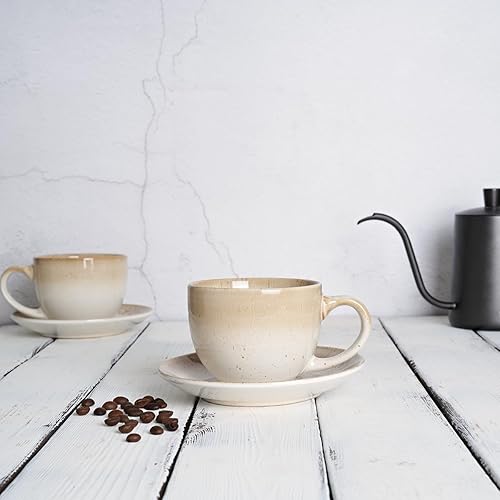 Miniatura 4 de Bosmarlin Juego de 2 tazas y platillo de cerámica para capuchino, 10 onzas, aptos para lavavajillas y microondas, tazas de café para café con leche,