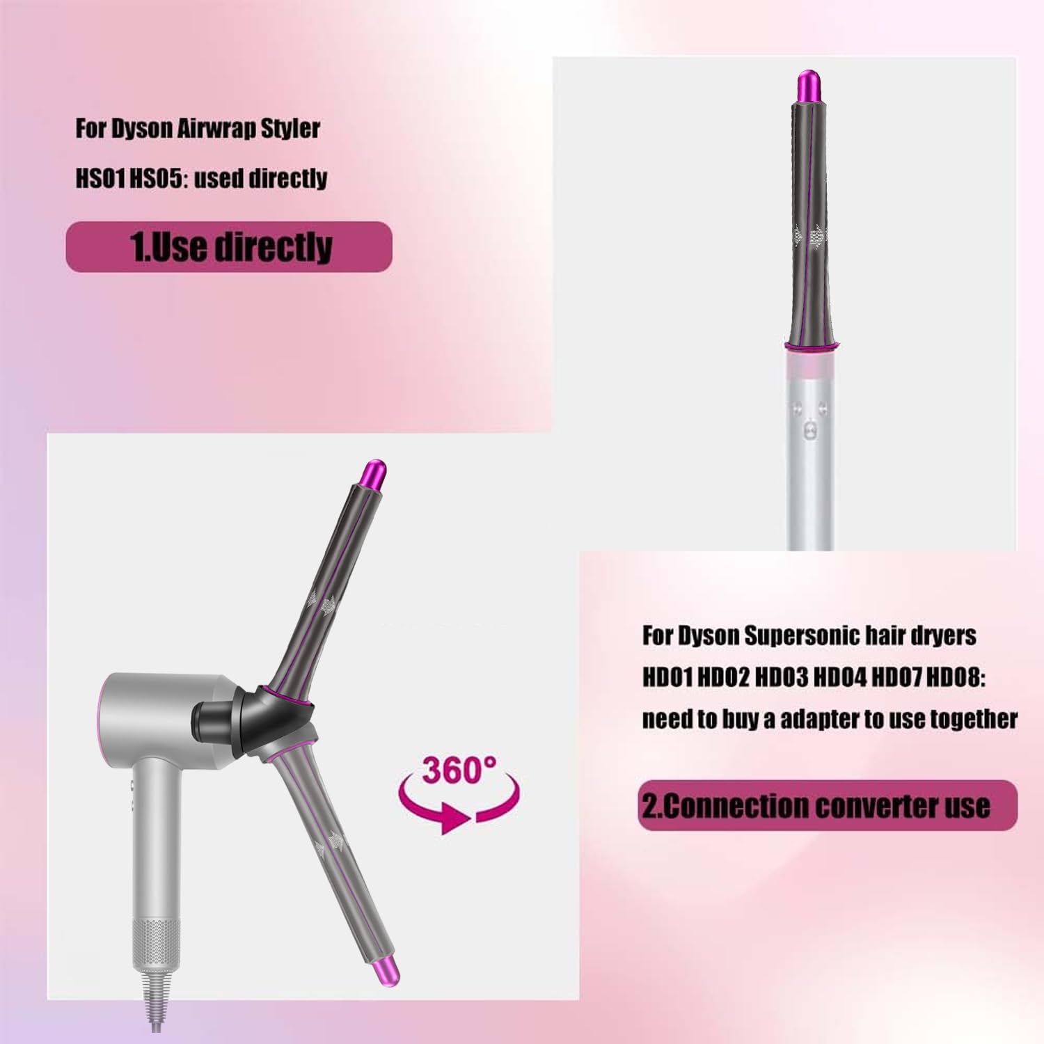 1 paio di barili lunghi da 20 mm per arricciacapelli Dyson Airwrap Styler per Dyson HD01 HD02 HD03 HD04 HD07 HD08 HD15 HD16 con 2 adattatori, conversione asciugacapelli in ferro arricciacapelli