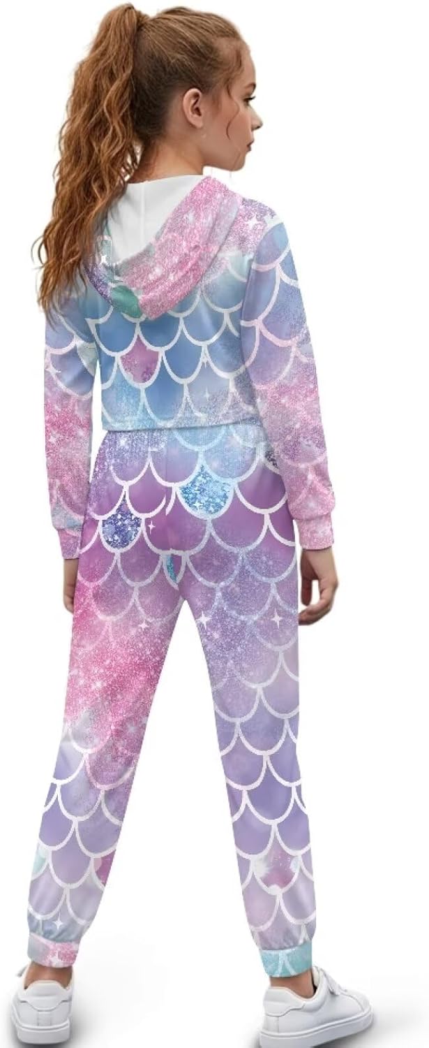 Girls Crop Athletic Hoodies, Long Sleeve Pull Over Crop Hoodie with Pocketed Tracksuit (4-13 Years)