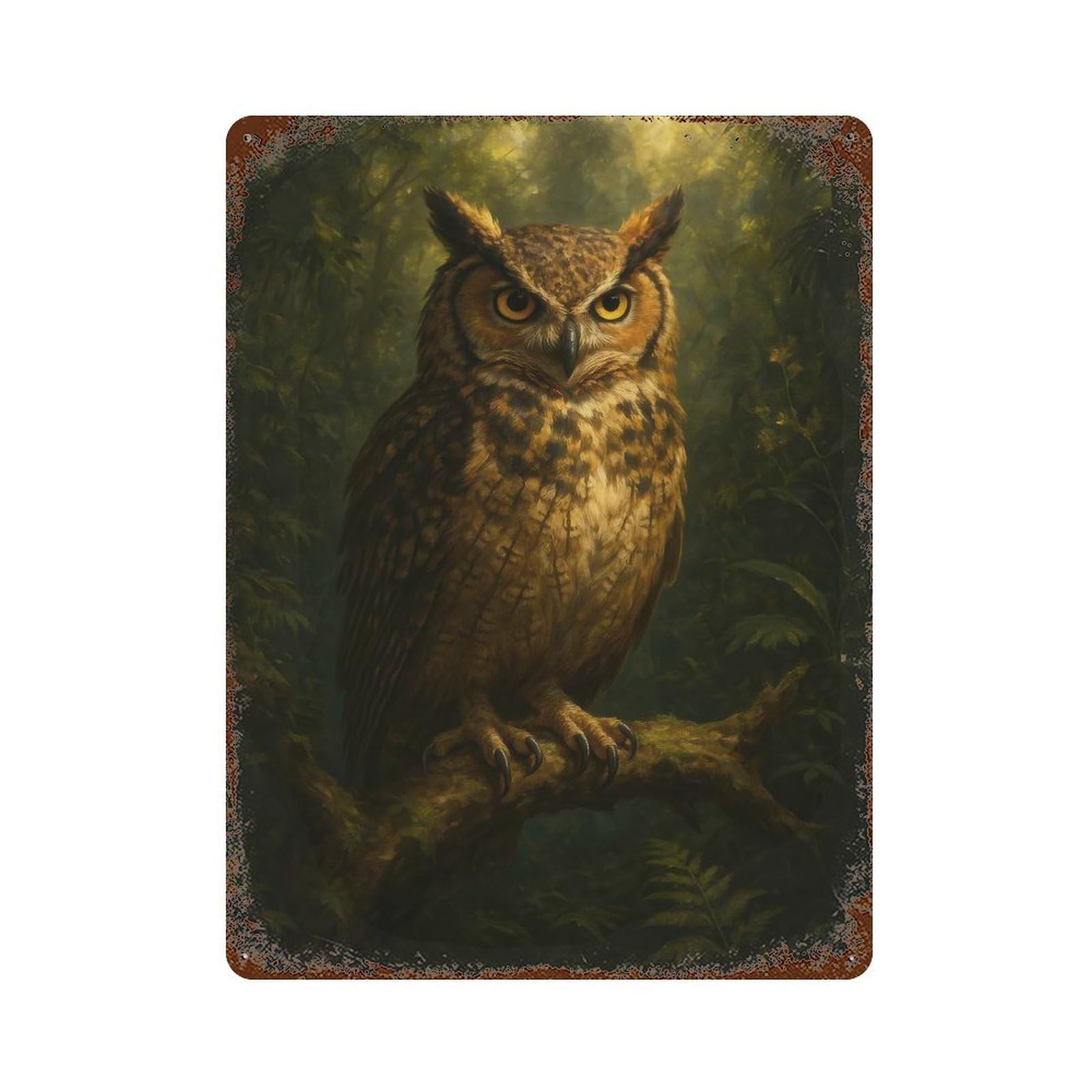 Owl Portrait in Forest 15.7"x11.8" Weathered Tin Sign, Shabby Chic Decor for Farmhouse, Kitchen And Entryway Decor
