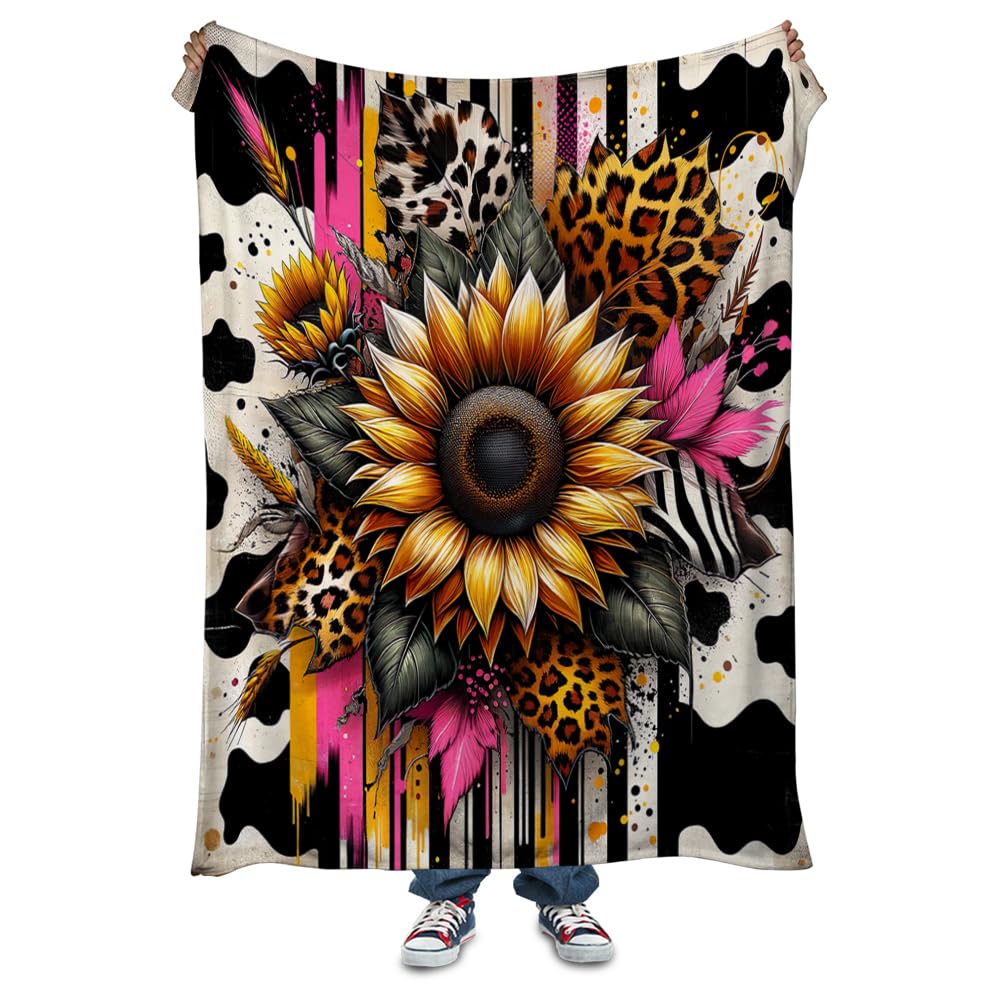 Reateforin Cow and Sunflower Throw Blanket, 70"W x 80"L, 100% Polyester, Patterned (Cow Print and Sunflower), Floral, Country Style, Lightweight, All Seasons, Machine Washable โ image 1