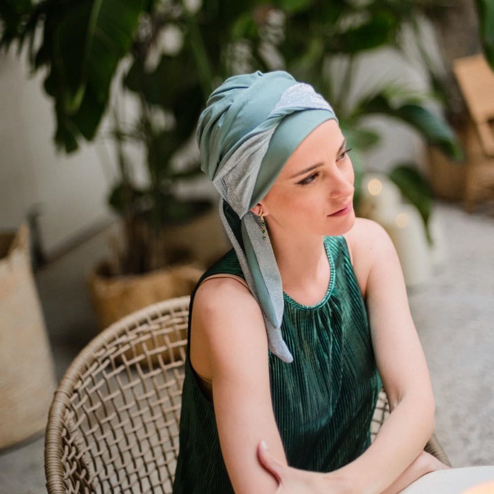 CAREBELL Turban Oncologique Smooth Gala Mint Femme - Foulard chimiothérapie avec rubans, bambou doux respirant sans couture, bonnet Alopécie réglable et léger