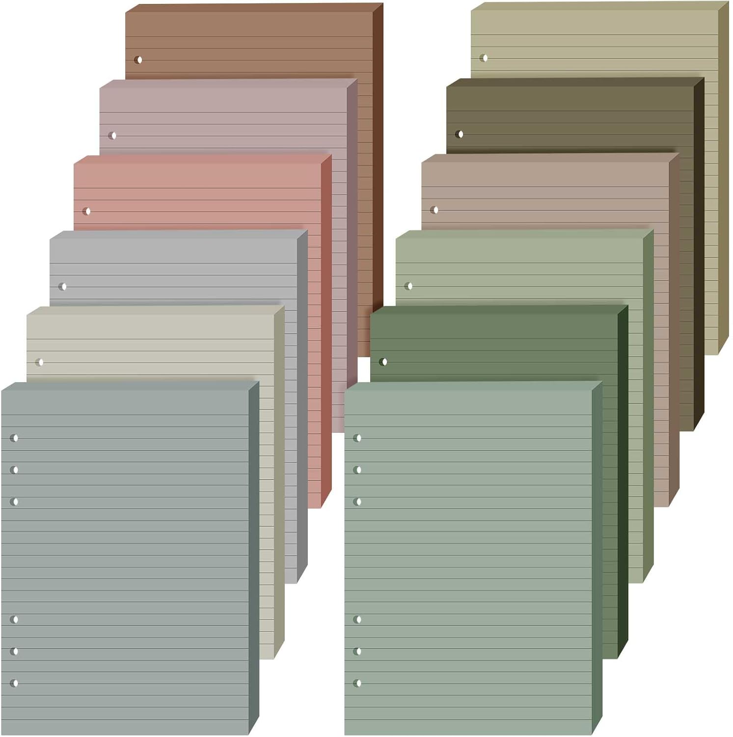 PerKoop 12 Pack Lined Refill Paper A5 Colored 6 Ring Binder Planner Inserts 6 Hole Notebook Refills Paper 8.2 x 5.8 Inch Loose Leaf (Elegant Colors)