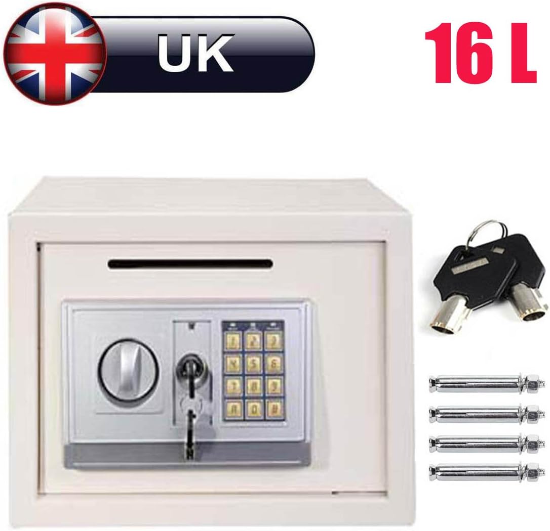 16L Digital Safe Box (White) Large Capacity Safety Electronic Security Steel Money Cash Home Office, with Full-digit Keypad & 2 Override Keys & 4 Installing Bolts Wall Floor Mounted