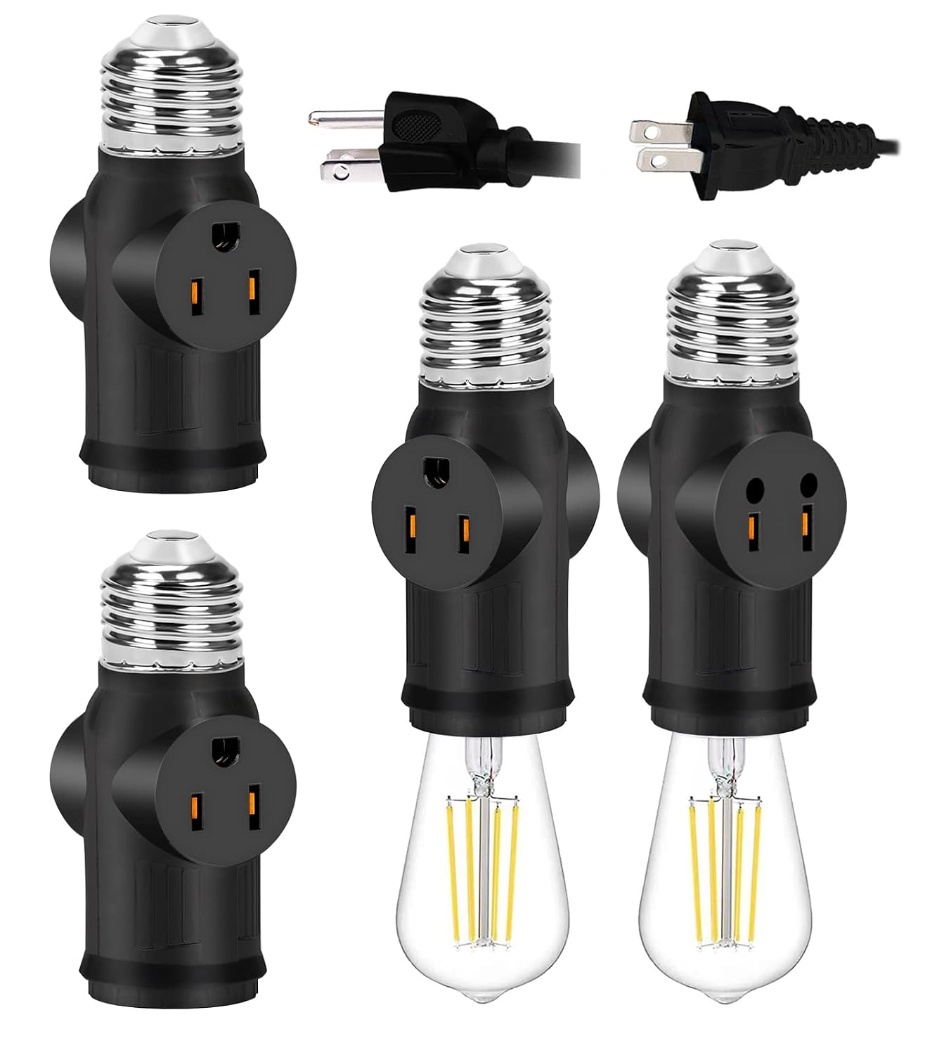 2 Pack Ladiwanka Standard Bulb Socket to 2/3 Plug Socket Adapter, E26 to 2/3 Pole Multi-Plug Socket Adapter (Black)