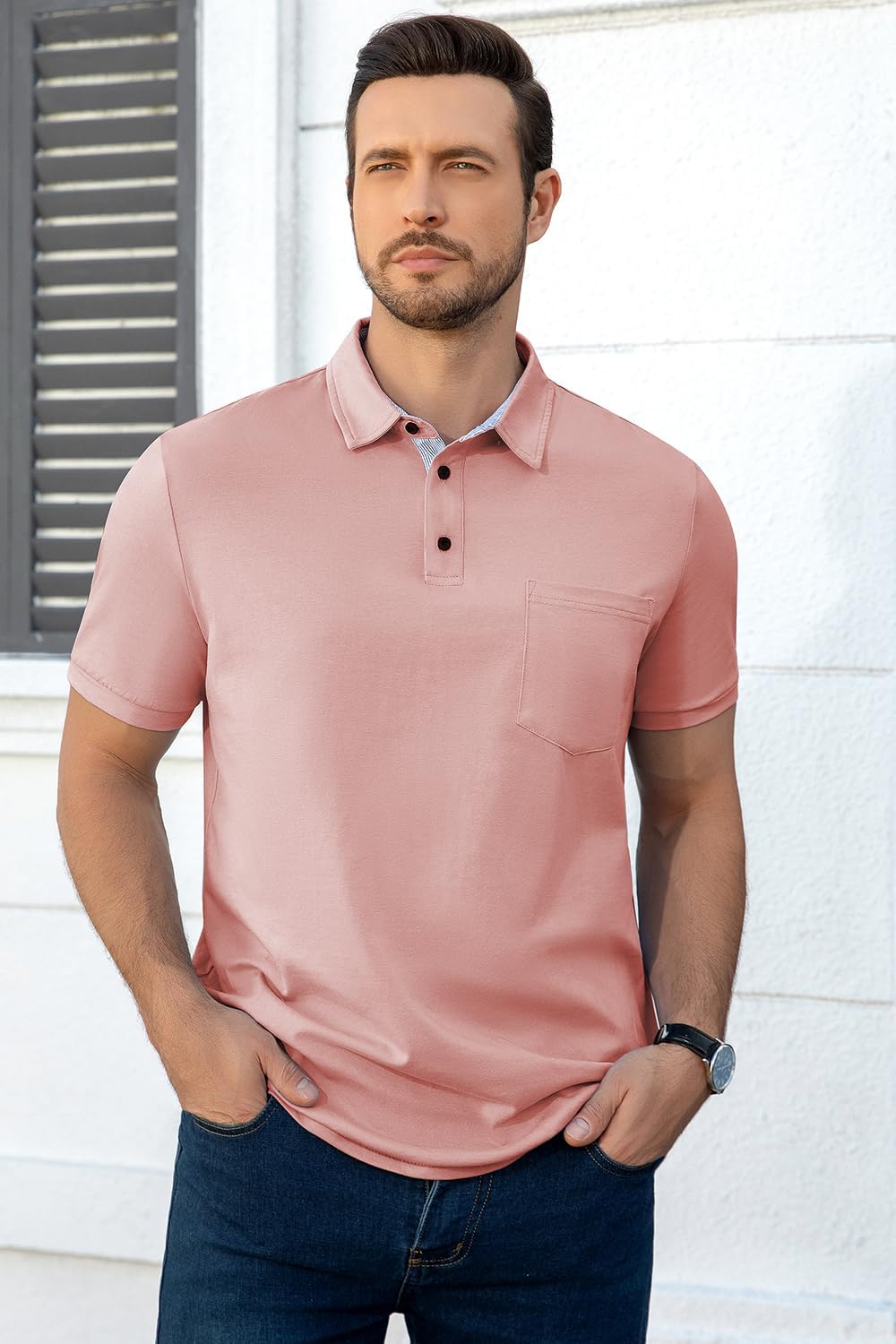Men's Casual Polo Shirts Summer Short Sleeve Contrast Stripe Collared Golf Polos Tee Shirt with Pocket - Image 3